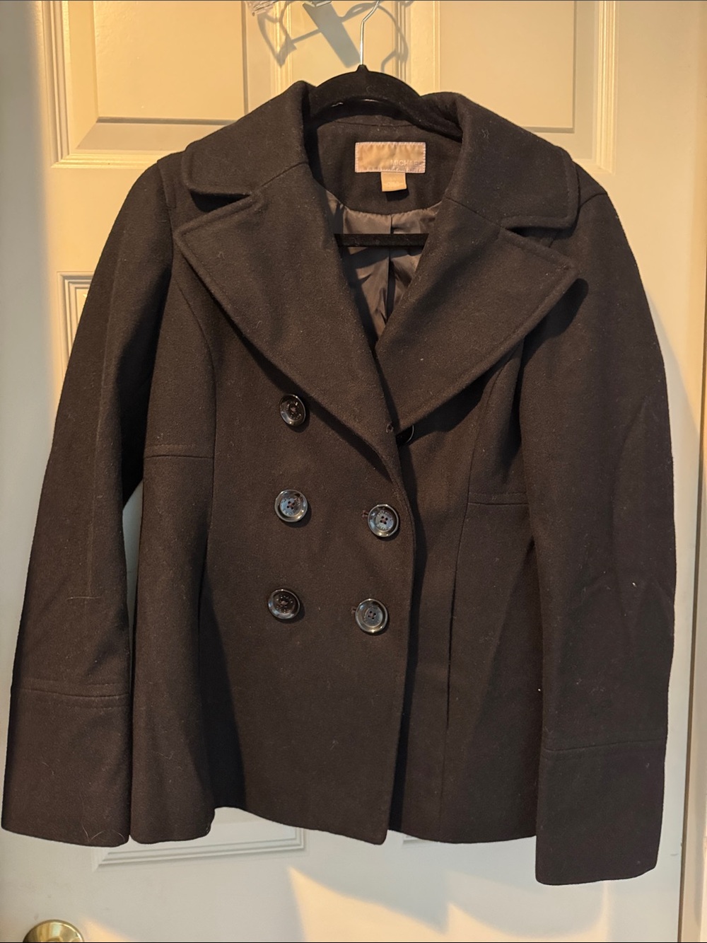Michael Kors Black Double-Breasted Peacoat with Notch Collar